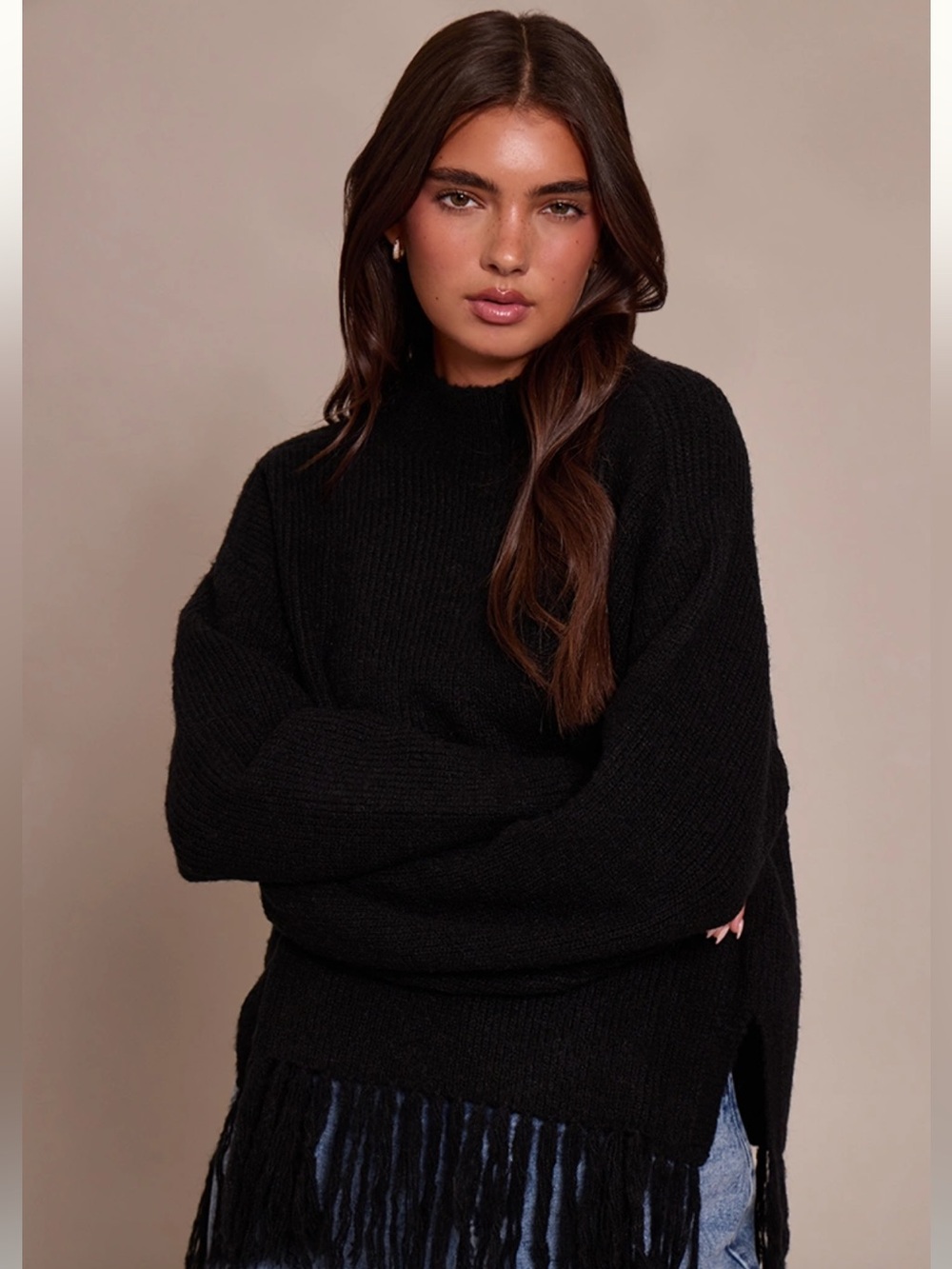 Round Neck Fringe Hem Oversized Jumper